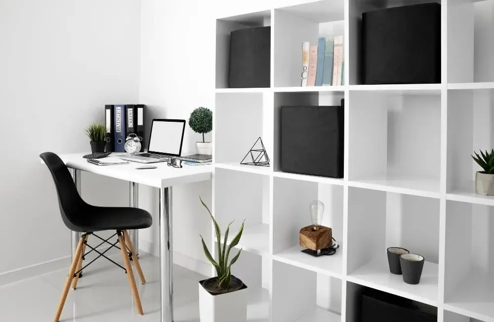 office desk with laptop device chair shelf