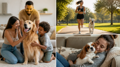 A warm, photorealistic lifestyle scene showing a happy diverse family interacting with different dog breeds in a modern bright home. Include a young active person jogging with an energetic Labrador in a sunny park, and a relaxed person cuddling with a small Cavalier King Charles Spaniel on a cozy sofa. Soft natural lighting, vibrant colors, shallow depth of field, high-quality editorial photography style, conveying harmony between humans and dogs.