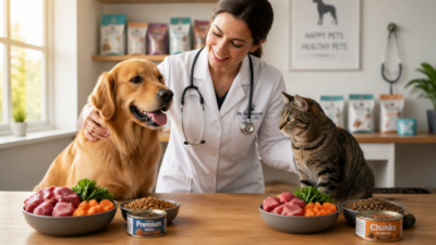 A warm, photorealistic scene inside a bright, modern veterinary clinic. A friendly veterinarian in a white coat stands behind a wooden consultation table, gently examining a healthy golden retriever on one side and a curious tabby cat on the other. On the table in front of each animal sit two contrasting bowls: one filled with fresh, natural raw food — chunks of raw meat, carrots, and leafy greens — and the other with dry commercial kibble and a can of wet pet food. Soft natural light streams through a large window, illuminating the scene. Background shelves are softly blurred, showing pet food packaging and a stethoscope on a hook. Composition is balanced, eye-level perspective, shallow depth of field, high detail, editorial photography style, 4K quality.
