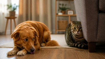 A warm, cinematic photograph of a concerned dog and a cat sitting together in a cozy living room, showing subtle signs of stress: the dog is licking its paw nervously while looking sideways with half-lowered ears, and the cat is hiding partially behind a sofa with dilated pupils and a tucked tail. Soft natural light from a window, muted earth tones, shallow depth of field, photorealistic style, emotionally evocative, high resolution, editorial pet magazine aesthetic.