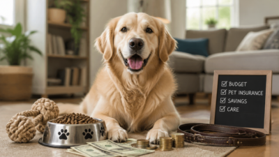A realistic, high-quality image of a happy, well-cared-for dog (e.g., a golden retriever or a mixed breed) sitting comfortably next to a small pile of money (coins and bills) and a few essential dog items like a food bowl, a leash, and a toy. The background should be a cozy home environment, suggesting financial planning and responsibility. The dog should look healthy and content. Focus on a warm, inviting color palette.