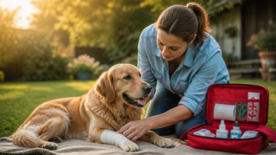 A heartwarming yet professional photo-realistic scene showing a caring pet owner gently tending to a golden retriever dog lying on a soft blanket outdoors in a sunny garden. The owner is carefully examining the dog with calm focus while a red first aid kit sits nearby, open, displaying bandages, antiseptic spray, scissors, and medical supplies. Soft natural golden hour lighting, warm color palette with green grass background, shallow depth of field, professional veterinary care aesthetic, emotional and reassuring mood, high resolution, 4K quality, ultra detailed.