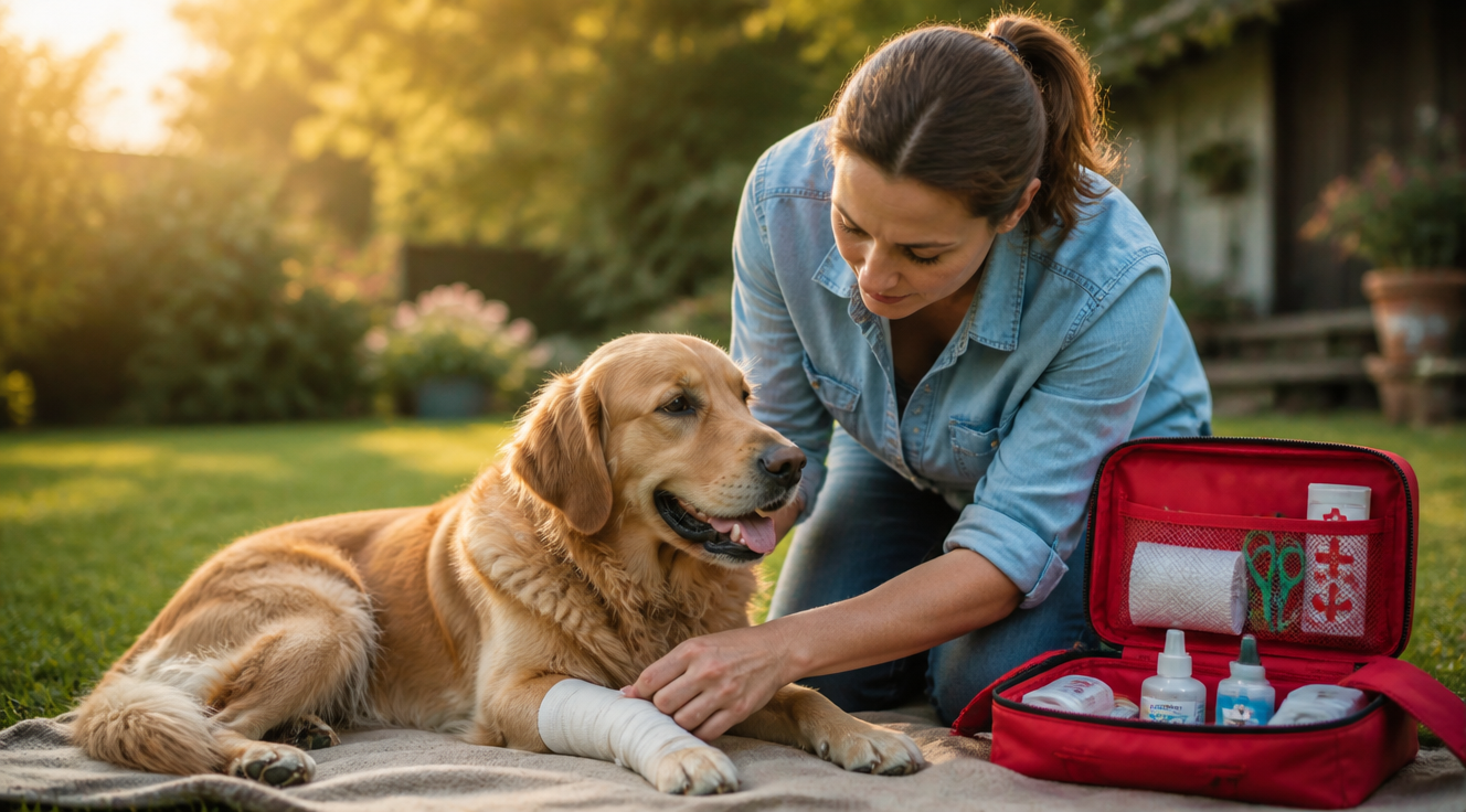 A heartwarming yet professional photo-realistic scene showing a caring pet owner gently tending to a golden retriever dog lying on a soft blanket outdoors in a sunny garden. The owner is carefully examining the dog with calm focus while a red first aid kit sits nearby, open, displaying bandages, antiseptic spray, scissors, and medical supplies. Soft natural golden hour lighting, warm color palette with green grass background, shallow depth of field, professional veterinary care aesthetic, emotional and reassuring mood, high resolution, 4K quality, ultra detailed.