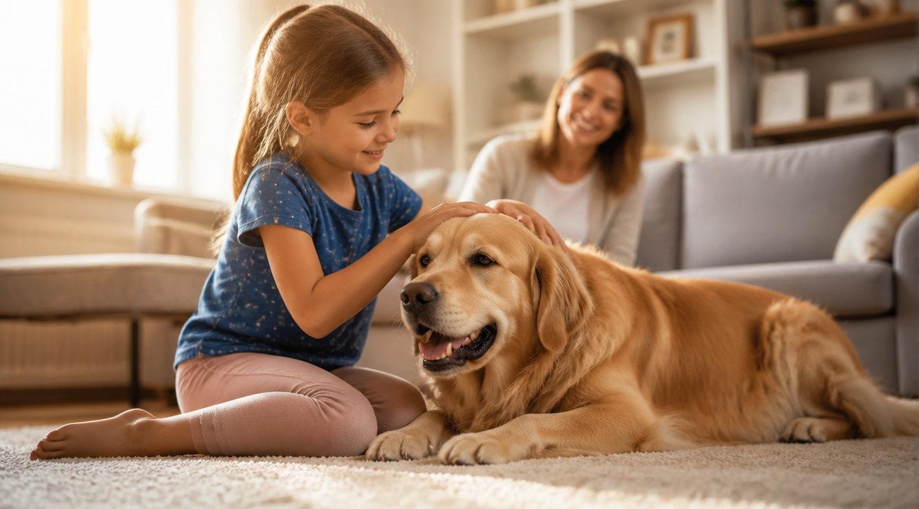 A warm, heartwarming photograph of a young child, around 5-7 years old, gently petting a friendly golden retriever dog in a bright, sunlit living room. The child is sitting on a soft carpet with a smile on their face, while the dog lies calmly beside them, looking relaxed and content. A parent is visible in the soft-focus background, supervising the interaction. The scene conveys safety, trust, and the bond between children and pets. Soft natural lighting, shallow depth of field, professional photography style, high resolution, warm color palette with golden tones.