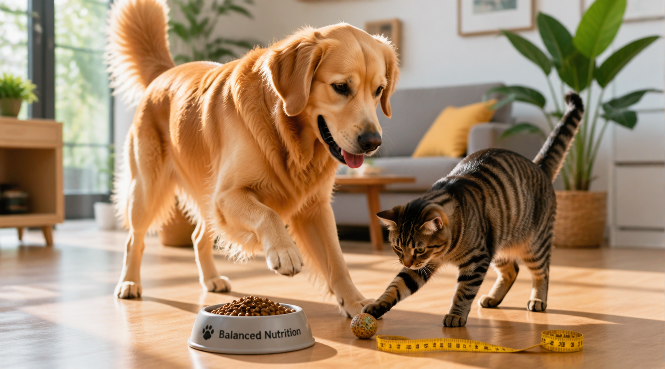 A warm, professional lifestyle photograph of a happy, healthy golden retriever dog and a tabby cat together in a bright, modern living room with natural sunlight. The dog has a visibly fit, athletic body and the cat has a healthy, ideal weight. They are playing near a small bowl of balanced premium pet food and a measuring tape placed on a light wooden floor. Soft focus background with green plants, inviting and educational atmosphere, high resolution photography, shallow depth of field, pet wellness concept.