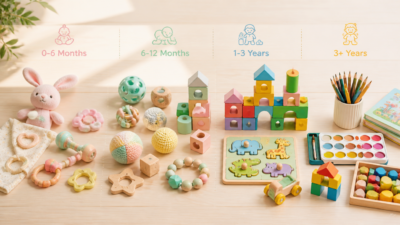 A warm, bright and inviting flat-lay composition showing a curated selection of age-appropriate children's toys arranged in chronological order from infancy to early childhood. Include soft pastel-colored baby rattles and teething rings on the left, wooden stacking blocks and sensory balls in the middle, and colorful building sets, educational puzzles, and art supplies on the right. The background is a clean, minimalist light wooden surface with soft natural sunlight streaming in, creating gentle shadows. Add small subtle icons or labels above each group indicating age ranges. The overall mood is cheerful, nurturing, and educational, with a pastel color palette featuring soft pinks, mint greens, sky blues, and warm yellows. High resolution, professional photography style, suitable for a parenting blog header.