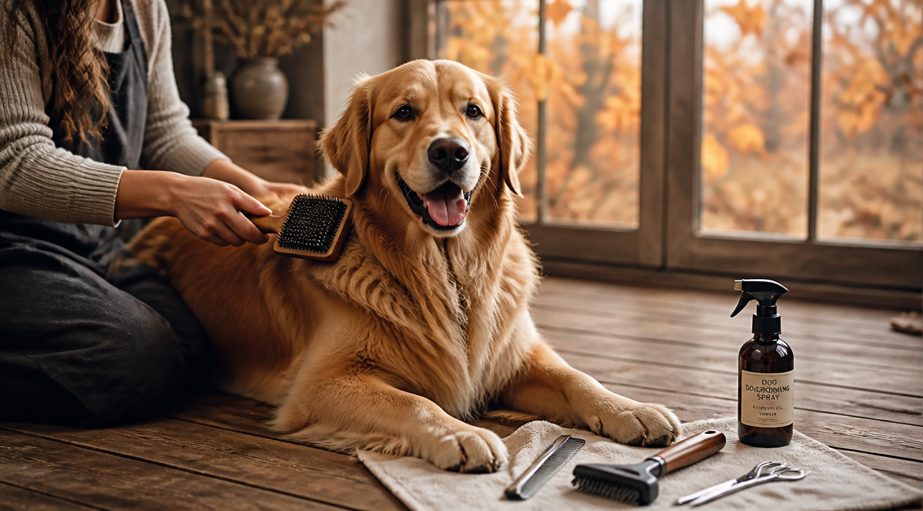A warm, professional lifestyle photograph of a happy golden retriever sitting calmly on a rustic wooden floor while being gently brushed with a slicker brush. Around the dog, artfully arranged on a soft linen cloth, are various grooming tools: a metal comb, deshedding brush, grooming scissors, and a spray bottle. In the softly blurred background, a window reveals autumn leaves falling outside, suggesting seasonal care. The dog has a glossy, healthy coat. Soft natural lighting, warm earthy color palette, shallow depth of field, photorealistic, high resolution, editorial pet photography style.