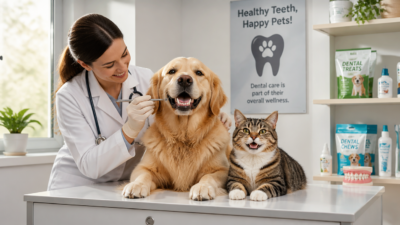 A warm, professional veterinary clinic scene featuring a friendly golden retriever and a tabby cat sitting side by side on a clean examination table, both with bright, healthy white teeth visible as they smile. A veterinarian in a white coat gently examines the dog's teeth using a dental tool, while soft natural light streams through the window. In the background, shelves display dental care products for pets. The atmosphere is caring, clean, and educational, with a focus on pet dental health. High-quality photography style, shallow depth of field, soft pastel tones, warm lighting, photorealistic, 4K resolution.
