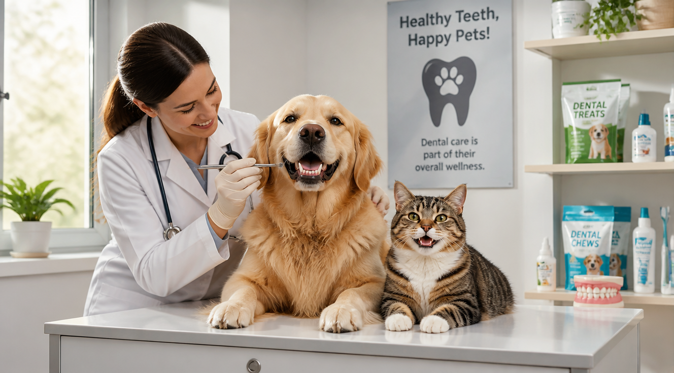 A warm, professional veterinary clinic scene featuring a friendly golden retriever and a tabby cat sitting side by side on a clean examination table, both with bright, healthy white teeth visible as they smile. A veterinarian in a white coat gently examines the dog's teeth using a dental tool, while soft natural light streams through the window. In the background, shelves display dental care products for pets. The atmosphere is caring, clean, and educational, with a focus on pet dental health. High-quality photography style, shallow depth of field, soft pastel tones, warm lighting, photorealistic, 4K resolution.