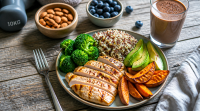Professional high-quality food photography of an athlete's balanced meal spread on a rustic wooden table: grilled chicken breast with quinoa and avocado, steamed broccoli, sweet potato wedges, fresh blueberries, almonds, and a glass of protein shake. Natural soft daylight from the side, shallow depth of field, vibrant and fresh colors, clean modern composition, fitness and healthy lifestyle aesthetic, top-down 45-degree angle, ultra realistic, editorial magazine style