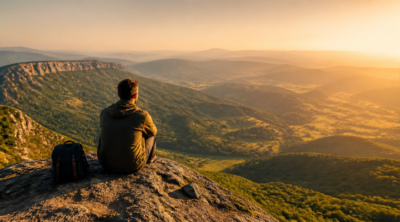 A serene solo traveler sitting peacefully on a mountain cliff edge at golden hour, gazing at a vast panoramic horizon of rolling green hills and distant valleys, a small backpack resting beside them, warm soft sunlight casting long shadows across the landscape, contemplative and introspective mood, cinematic wide-angle composition, high-quality travel photography, shallow depth of field, rich natural color palette with golden and teal tones, evoking themes of self-discovery, inner peace, and personal transformation