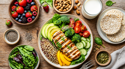 A high-quality, vibrant flat-lay photograph of a balanced gluten-free and dairy-free meal spread on a rustic wooden table. The composition includes colorful fresh vegetables, grilled chicken breast, quinoa salad, avocado slices, fresh berries, mixed nuts and seeds, a glass of almond milk, rice cakes, and leafy greens. Soft natural daylight, shallow depth of field, top-down view, warm earthy tones, minimalist and clean styling, professional food photography, 4K resolution, magazine-quality editorial look.