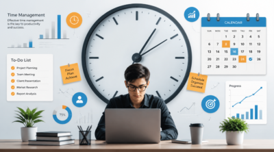 A dynamic, conceptual image representing time management for an entrepreneur. Features a stylized clock face integrated with business elements like charts, a laptop, and a calendar. A focused, modern entrepreneur figure (gender-neutral) is efficiently juggling multiple tasks or looking confidently at a well-organized schedule. Use a clean, professional, and slightly abstract style with a vibrant but not overwhelming color palette. Emphasize efficiency, control, and productivity. High quality, digital art, sharp focus.