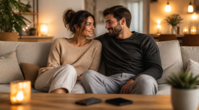 A warm, cinematic photograph of a young couple sitting close together on a cozy sofa in a softly lit modern living room during golden hour. They are looking into each other's eyes with gentle smiles, emotionally connected. Two smartphones lie face-down on the coffee table, deliberately ignored, symbolizing digital boundaries. Soft bokeh lights in the background, neutral tones with warm amber accents, shallow depth of field, intimate and authentic atmosphere, high resolution, editorial lifestyle photography style, 4K, realistic skin tones.