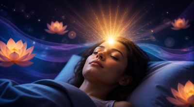 A serene person lying peacefully in bed at night with eyes closed, soft glowing golden light rays radiating from their forehead representing calm thoughts and deep relaxation, surrounded by a dreamy gradient background in deep midnight blue and soft purple tones, gentle floating lotus flowers and subtle ethereal waves in the air, minimalist modern style, soft focus with bokeh effect, warm and tranquil atmosphere, high quality digital illustration, 4K resolution, cinematic lighting