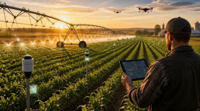 A stunning aerial view of a modern smart farm at golden hour, featuring lush green crop fields with rows of IoT sensor devices mounted on slim poles, a center-pivot irrigation system spraying water droplets that catch the sunlight, a farmer holding a tablet displaying real-time crop data dashboards, drones hovering above scanning the fields, interconnected network lines glowing subtly between sensors symbolizing IoT connectivity, hyper-detailed photorealistic style, vibrant colors, soft cinematic lighting, 8K resolution, agricultural technology concept