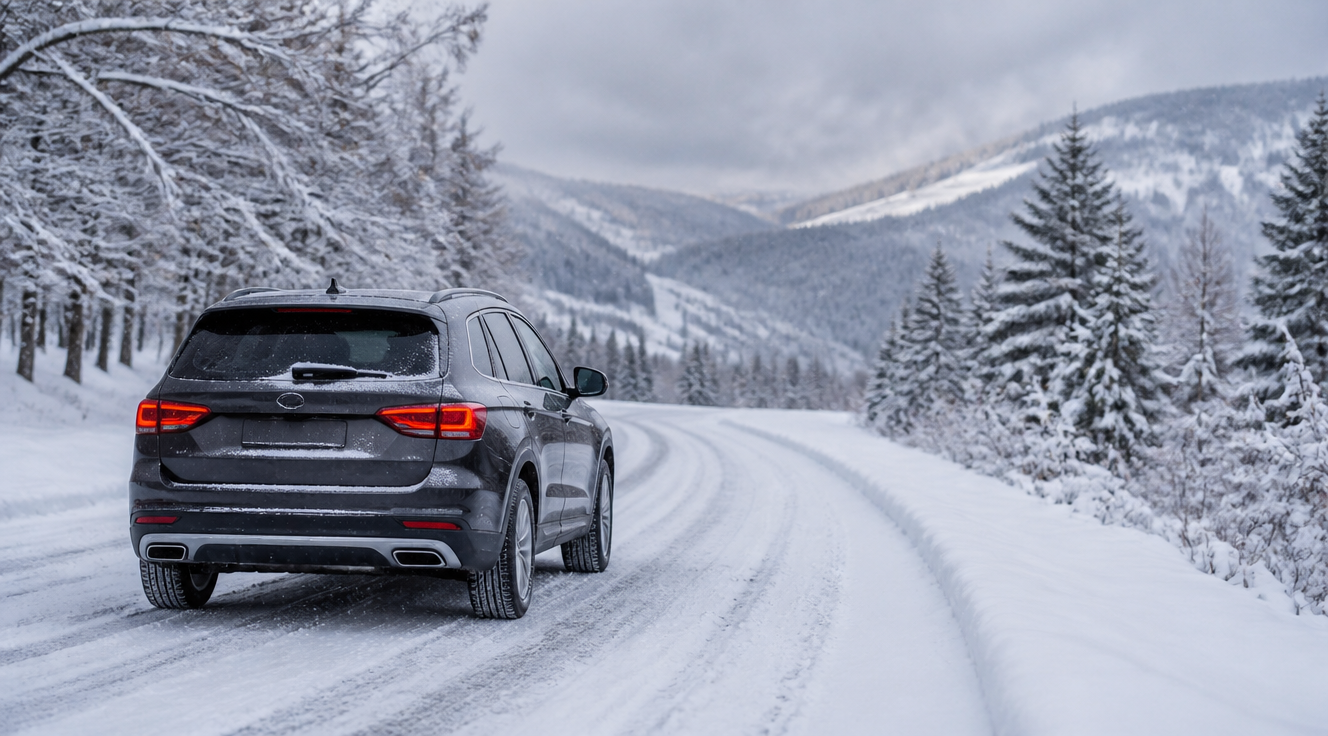 A modern car driving carefully on a snow-covered road during winter, with soft snowflakes falling. The scene should convey a sense of calm and control, not danger. Focus on the car's tires making a subtle track in the fresh snow. The background should show snow-laden trees or a winter landscape, slightly blurred to emphasize the car. The lighting is soft and diffused, typical of a winter day. Realistic, high-quality photography style.