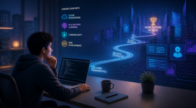 A modern, professional flat illustration showing a young person planning their tech career. The scene features a person sitting at a sleek desk with a laptop displaying code, surrounded by floating holographic icons representing different tech specializations (cloud, AI, cybersecurity, web development). A roadmap or journey path extends from the laptop into a futuristic city skyline made of glowing digital circuits and screens. The color palette uses deep blue, purple, and teal gradients with bright accent colors. Soft ambient lighting, clean minimalist style, high resolution, suitable for a blog header image.