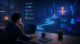 A modern, professional flat illustration showing a young person planning their tech career. The scene features a person sitting at a sleek desk with a laptop displaying code, surrounded by floating holographic icons representing different tech specializations (cloud, AI, cybersecurity, web development). A roadmap or journey path extends from the laptop into a futuristic city skyline made of glowing digital circuits and screens. The color palette uses deep blue, purple, and teal gradients with bright accent colors. Soft ambient lighting, clean minimalist style, high resolution, suitable for a blog header image.