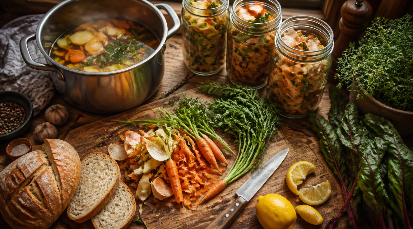 A warm, rustic kitchen scene captured from a top-down perspective, featuring a wooden cutting board with fresh vegetable peels, herb stems, and carrot tops arranged neatly. A steaming pot of homemade vegetable broth sits beside mason jars filled with saved scraps for stock. Crusty bread slices, lemon rinds, and leafy greens are visible. Soft natural lighting from a nearby window, earthy color palette with greens, oranges, and warm wood tones, cozy and inviting atmosphere, professional food photography style, high resolution, shallow depth of field.
